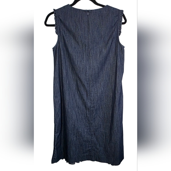 S Max Mara Denim Sleeveless Shift Dress Size US 6 Cotton Ruffle Hem Pockets - Picture 6 of 13